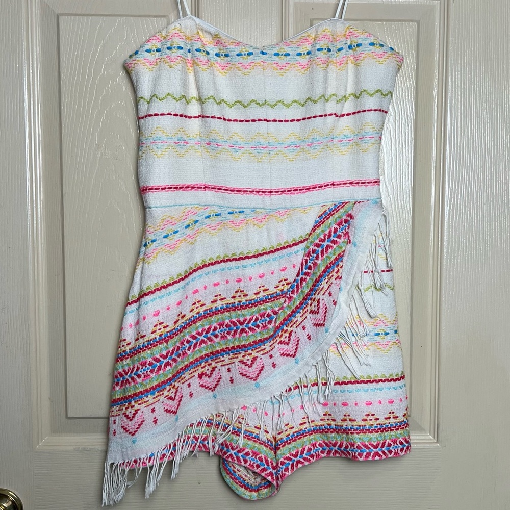 Amanda Uprichard White Strapless Romper with Multicolor Embroidered Stripes